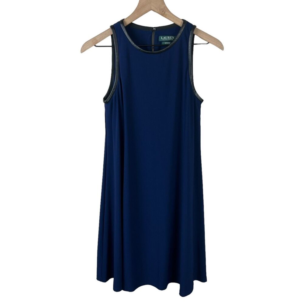 Lauren Ralph Lauren Womens Blue‎ Sleeveless Faux Leather THrim Shift Dress 4